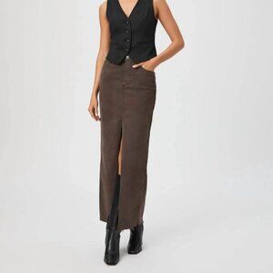 NWOT Paige Angela Raw Hem Denim Maxi Slit Skirt In Rich Chocolate Brown Size 32